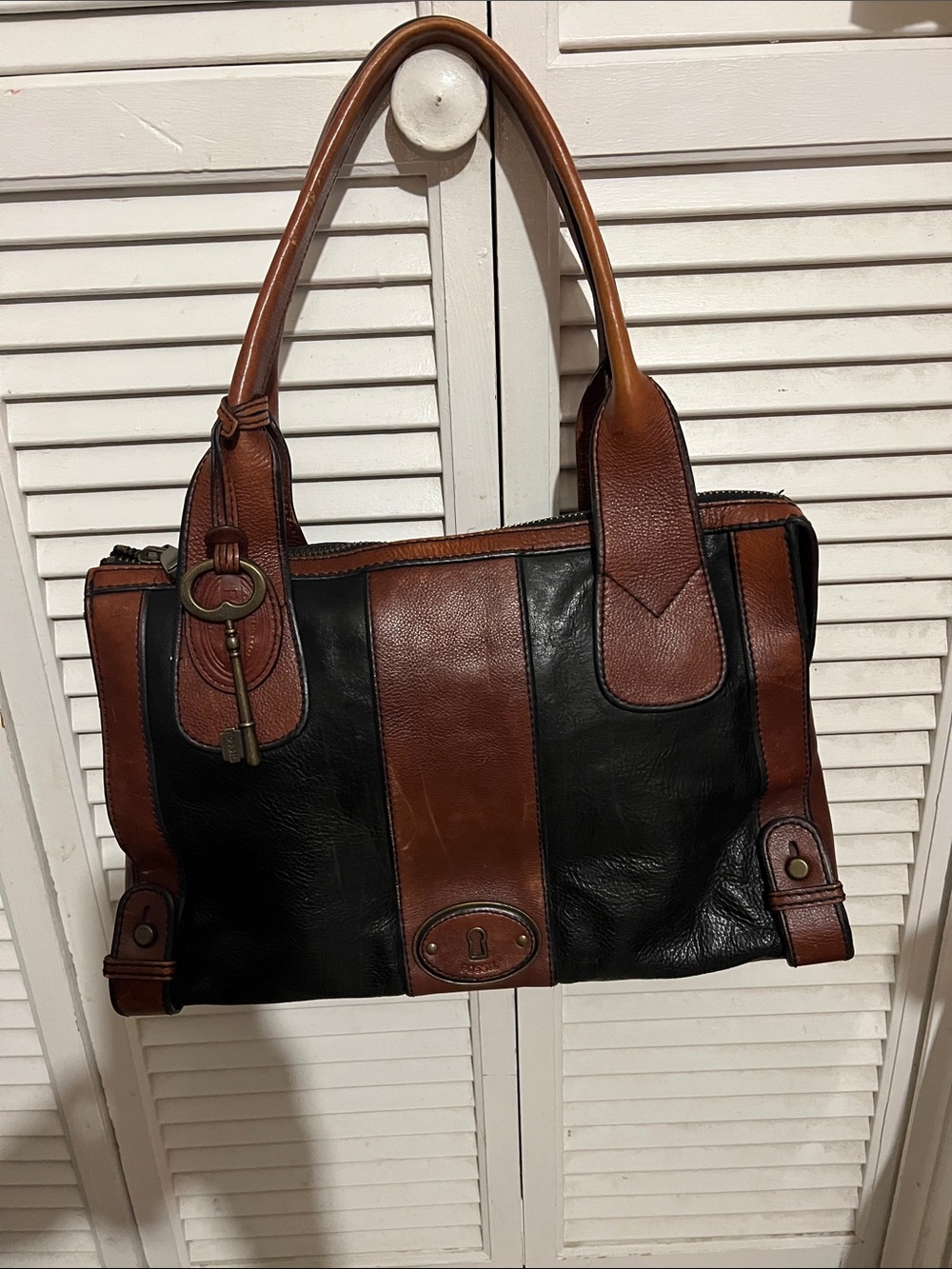 Fossil Two-Tone Black and Brown Leather Messenger Bag